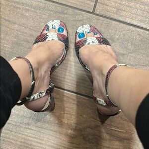 Womens Red Snake-Print Open-Toe Sandals with Ankle Strap